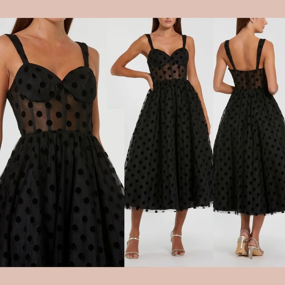 mac duggal polka dot tulle sweetheart bustier a-line midi dress Mac Duggal Polka Dot Tulle Sweetheart Bustier A Line Midi Dress